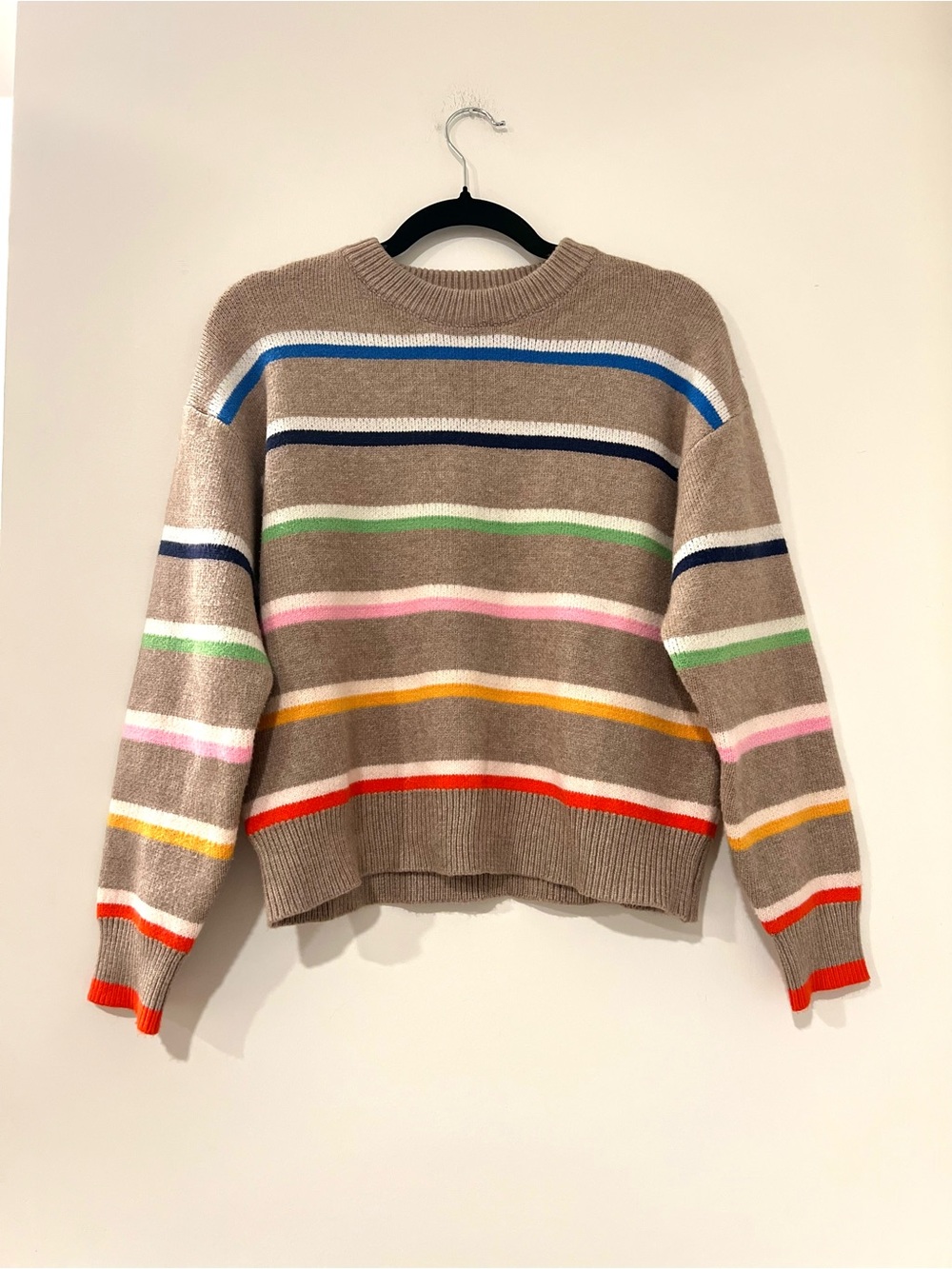 THML Taupe Crewneck Sweater with Multicolor Stripes